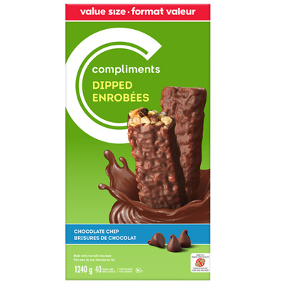 A green box of Compliments Dipped Chocolate Chip Granola Bars with two bars emerging from a splash of chocolate.