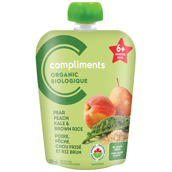 Pale green, resealable Compliments Organic Baby Food pouch ft. pear, peach, kale and brown rice with those food items shown on front of package.