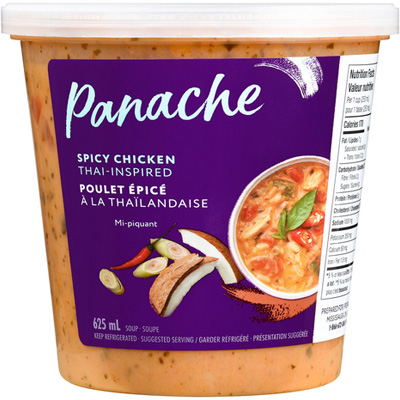 Clear plastic Panache container showing the soup with a purple package sticker that reads Panache Spicy Chicken Thai-Inspired Soup.