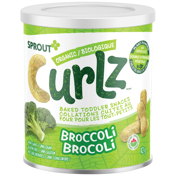 White canister of Sprout broccoli Curlz Snacks featuring green broccoli spears on the left hand side and the baked curlz on the right.