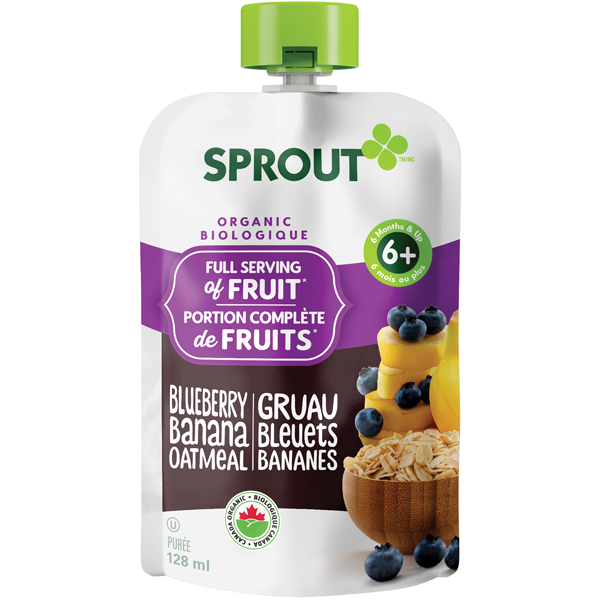 White pouch with green resealable lid of Sprout baby food featuring slices of banana stacked with blueberries and a bowl of oatmeal.