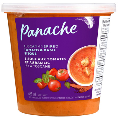 Clear plastic Panache container showing the soup with a purple package sticker that reads Panache Tuscan-Inspired Tomato & Basil Bisque Soup.