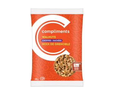  Orange package of Compliments chopped walnuts.

