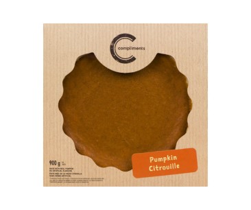  Brown craft paper box package housing a 9” pumpkin pie.