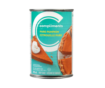 Light blue wrapped tin can of Compliments pure pumpkin purée.

