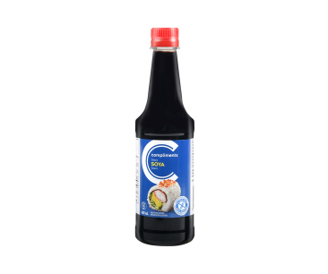 Glass bottle of Compliments soy sauce with a blue label depicting a piece of sushi and chop sticks.

 