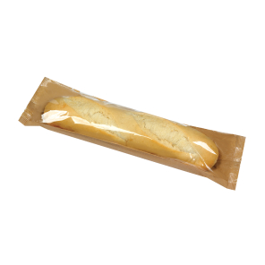 A stick of French loaf in a brown, craft paper package with a clear plastic window. 