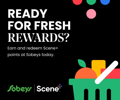 Text Reading 'Ready for fresh rewards? Earn and redeem Scene+ points at Sobeys today with ELM.'
