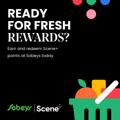 Text Reading 'Ready for fresh rewards? Earn and redeem Scene+ points at Sobeys today with ELM.'