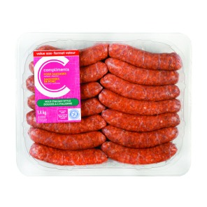 Package of Compliments mild Italian pork sausage with a pink sticker on the front.