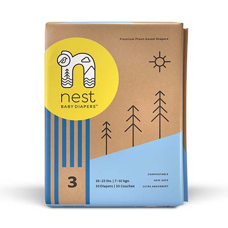 Brown craft paper box of diapers with Nest logo and black line drawing of trees and a sun.