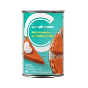 Light blue wrapped tin can of Compliments pure pumpkin puree.