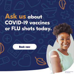 Text Reading 'Ask us about Covid-19 vaccines or flu shots today. Click on 'Book now' button given below.'