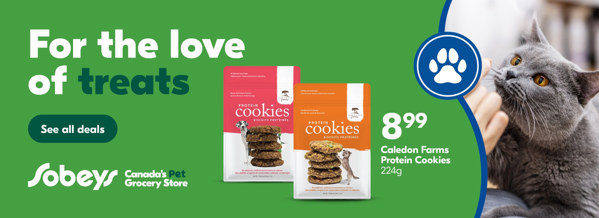Text Reading 'For the love of treats, buy Caledon Farms Protein Cookies (224g) for just $8.99. Click on 'See all deals' button given below.'