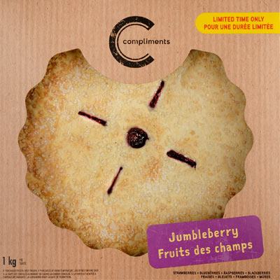 Pack shot of Compliments Jumbleberry Pie in a brown kraft-paper box with a purple tag calling out the flavour.