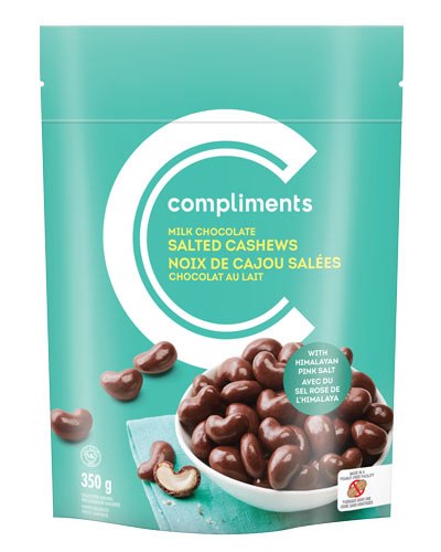 A light-blue bag with an image of milk chocolate–covered cashews on the package.