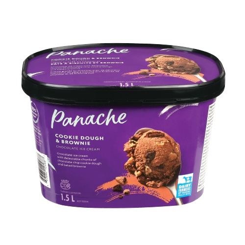 Purple tub of Panache Cookie Dough & Brownie Ice Cream featured on the front with a few chocolate chips scattered to one side.
