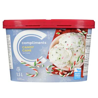 blue tub of ice cream with photo of ice cream in pink bowl surrounded by whole candy canes