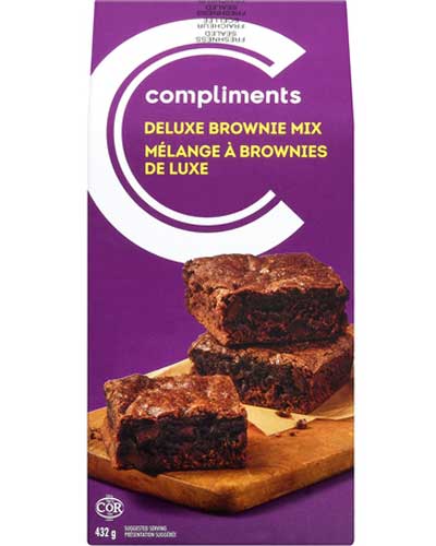 Purple box featuring a stack of chocolate brownies.