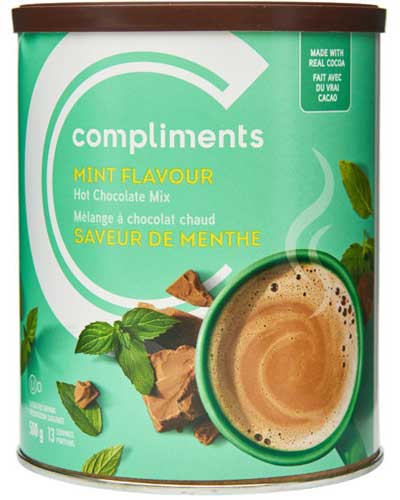 Pale green round tin of Compliments Mint Flavour Hot Chocolate Mix with an image of a steaming cup of hot chocolate on the front.