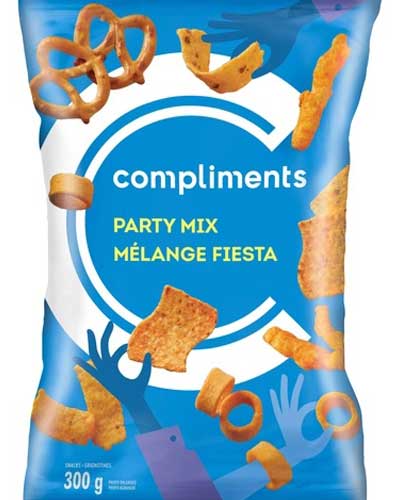 Blue packet of Compliments Party Mix showing various elements of the mix including pretzels, ring crisps and corn cheese puffs.