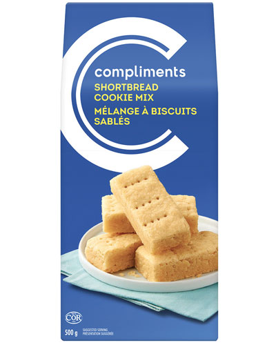 Blue box of Compliments Shortbread Cookie Mix with a stack of shortbread fingers on front of package.