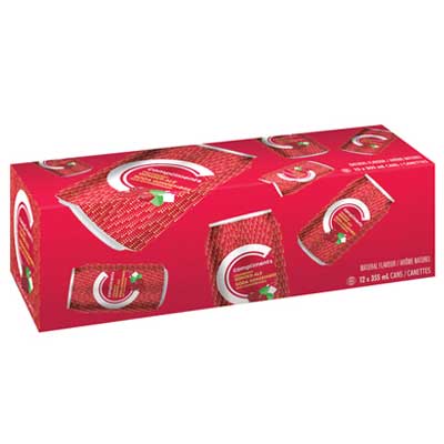 rectangular red box adorned with red soda cans with cranberry illustrations.