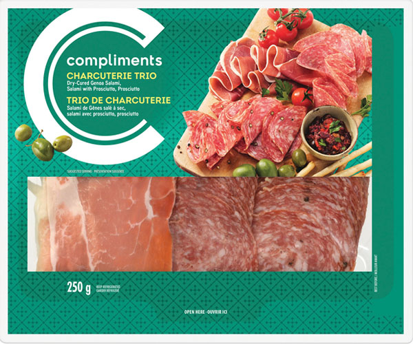 Green plastic package of Genoa Salami, Salami with Prosciutto & Prosciutto.