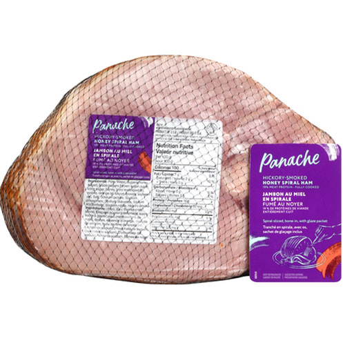 Packaged Panache Hickory Smoked Honey Spiral Ham with netting and a puple label depicting a cooked ham.