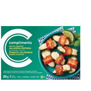 Teal box with photo of seven bacon-wrapped poppers and a lime wedge and cilantro on a teal plate 