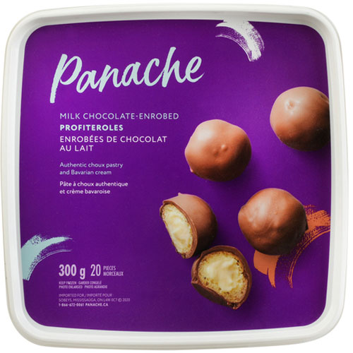 White container with purple Panache Milk Chocolate Enrobed Profiteroles label showing a few profiteroles filled with pastry cream.