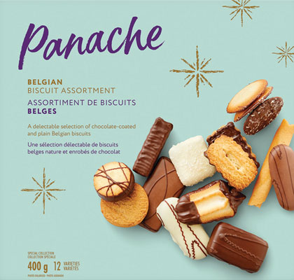 Gold tin box of Panache Belgian biscuits with a light blue label depicting various chocolate-covered biscuits.