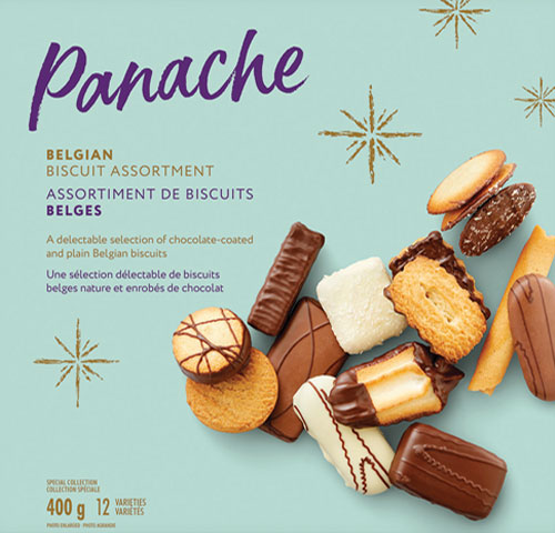 Gold tin box of Panache Belgian biscuits with a light blue label depicting various chocolate-covered biscuits.