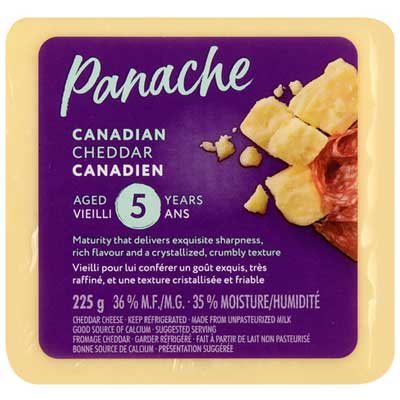 Plastic wrapped Panache 5-year aged cheddar with a purple Panache label depicting pieces of white cheddar next to salami.