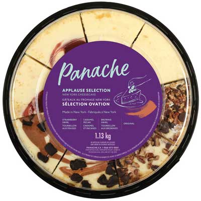 A carousel package of Panache Applause Selection New York Cheesecake slices in various flavours including brownie and strawberry swirls.