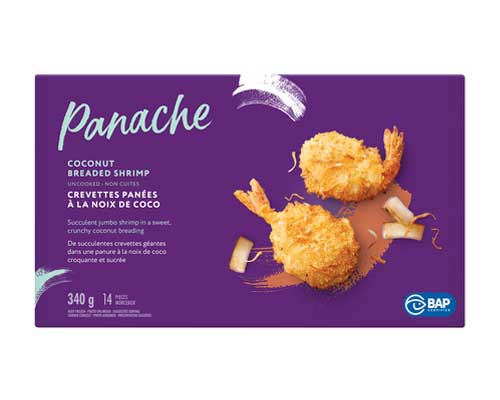purple box with photo of two coconut breaded shrimp pieces