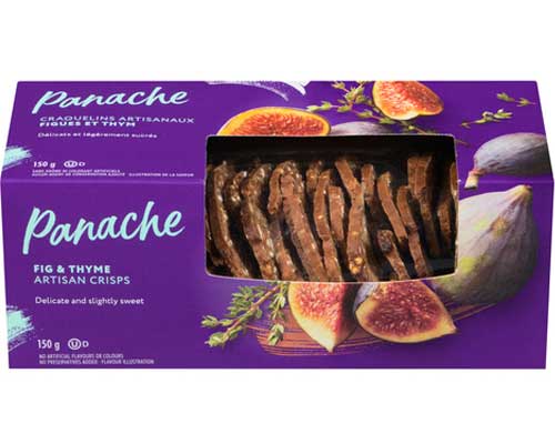 Purple box of Panache Fig & Thyme Artisan Crisps depicting a cut in half fresh fig.