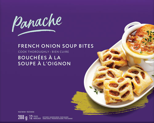 Purple box featuring Panache French Onion Soup Bites image on the front of package.