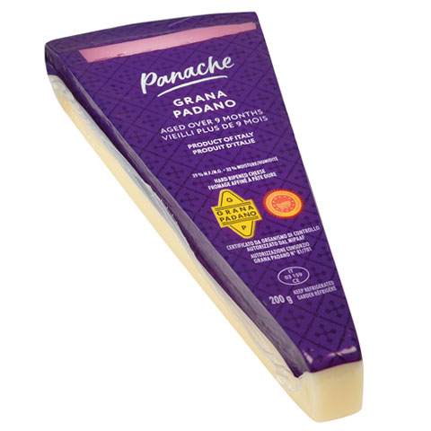 Wedge of Panache Grana Padano with a clear plastic cover and purple label.