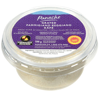 Clear, plastic tub of Panache Grated Parm with a purple label on the lid.