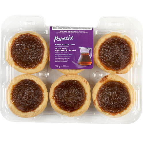 Six Panache maple butter tarts in a plastic container with purple label showing a few tarts.