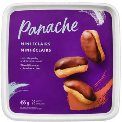 White plastic container of Panache mini eclairs with a purple label showing a few of them on the label.