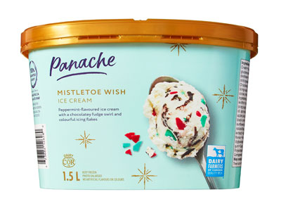 teal tub of ice cream with photo of a scoop of mistletoe wish on a spoon
