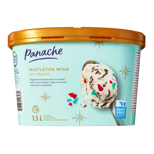Light blue tub with a spoonful of the red and green flecked ice cream.