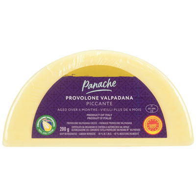 Semi circle package of Panache Provolone Valpadana Piccante PDO cheese with purple label.