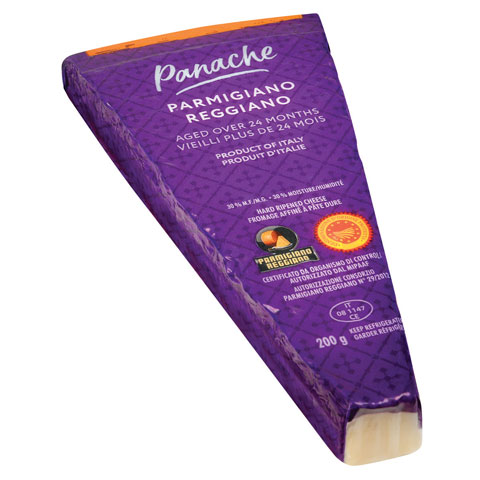 purple wedge of cheese with label