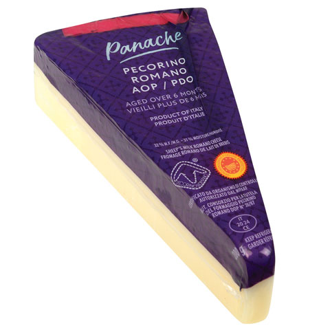 Wedge of Panache Pecorino Romano with a clear plastic cover and purple label.