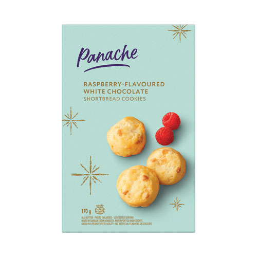 Purple Panache package of raspberry flavoured white chocolate shortbread cookies with an image of the cookies on the label.