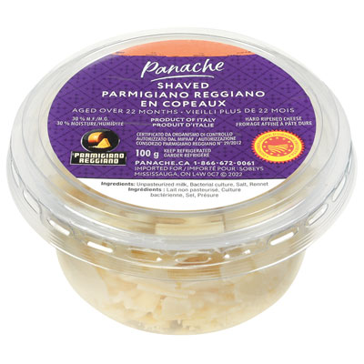 Clear, plastic tub of Panache Shaved Parm with a purple label on the lid.