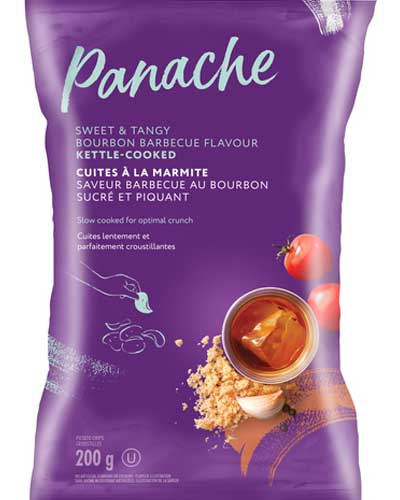 Purple packet of Panache Sweet & Tangy Bourbon Barbecue Flavour Kettle Cooked Chips with an illustration on the front of a hand grabbing a chip with an image of tomatoes, garlic, brown sugar and BBQ sauce in a bowl.